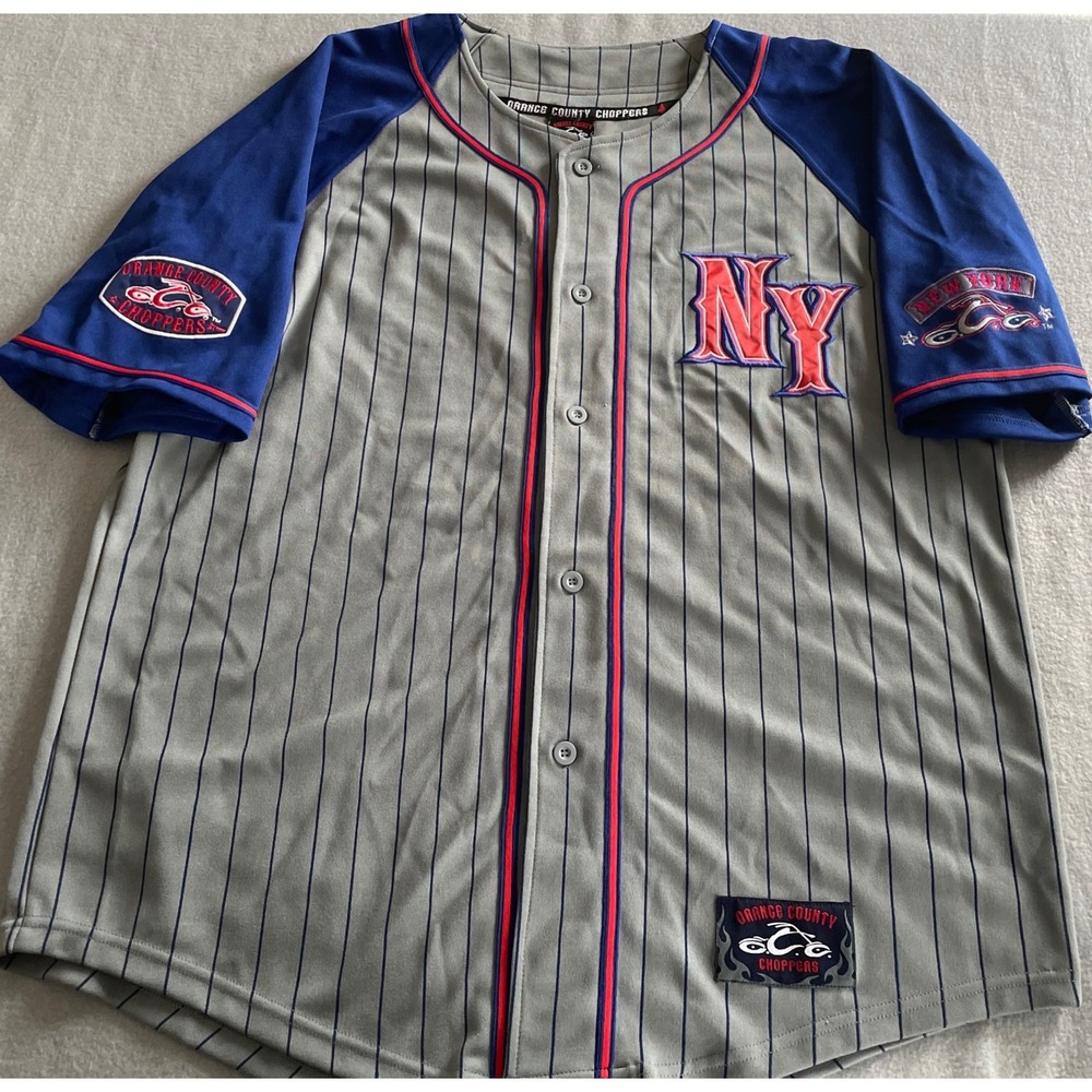 Orange County Choppers OCC Baseball Jersey Mens XL Grey‎ Blue Pinstripe NY Biker